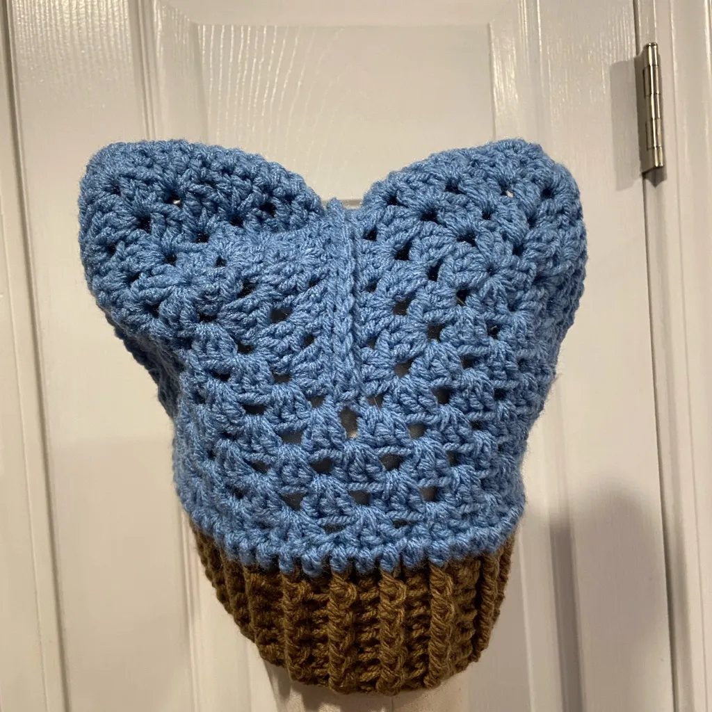 Handmade Crochet Cat Animal Ear Beanie Hat Cozy Ribbed Brim Stretch Winter Hat - Image 4