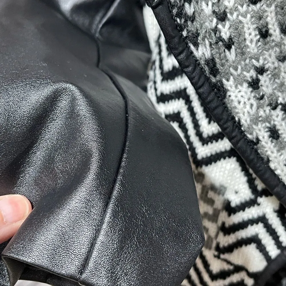 Textured Woven Cardigan Front Sweater W/Leather Sleeve and Trim Small Black - Image 10