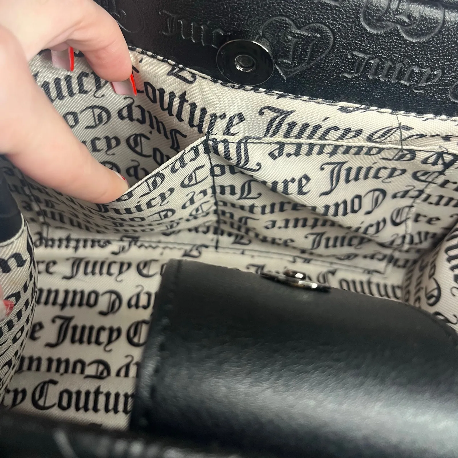 Juicy Couture Black Embossed Logo Satchel Crossbody Heart Charm Bag Purse - Image 8