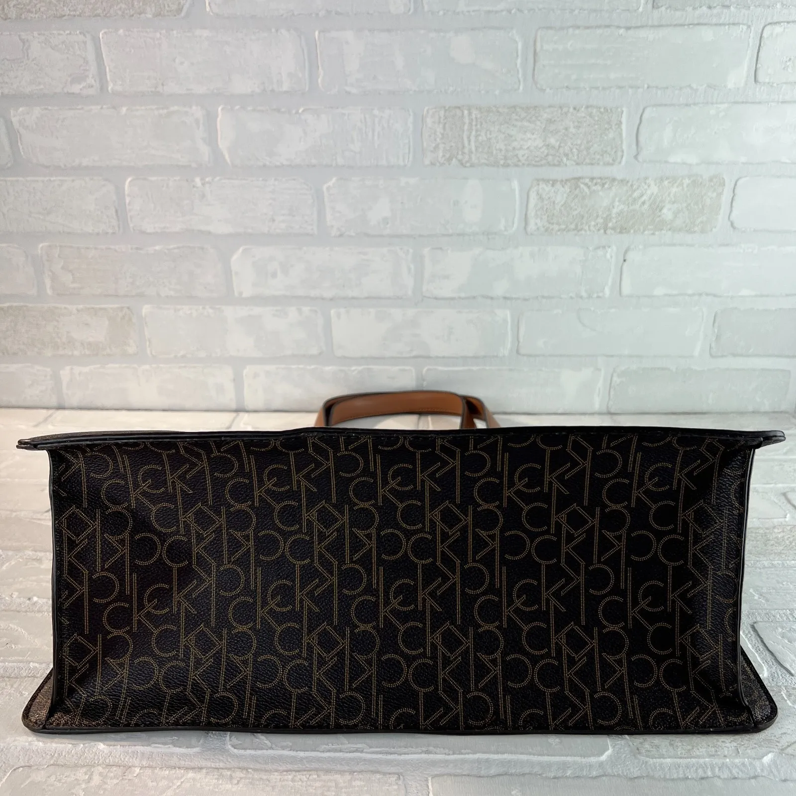 Calvin Klein Signature Tote Shoulder Bag Brown CK Monogram‎ Print Brown Leather - Image 6