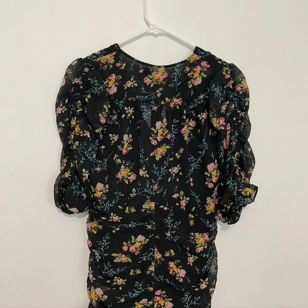 NEW NWT LEA VIOLA Shirred Floral Mini Dress Black Pink Multi Ruched Bodycon S - Image 13