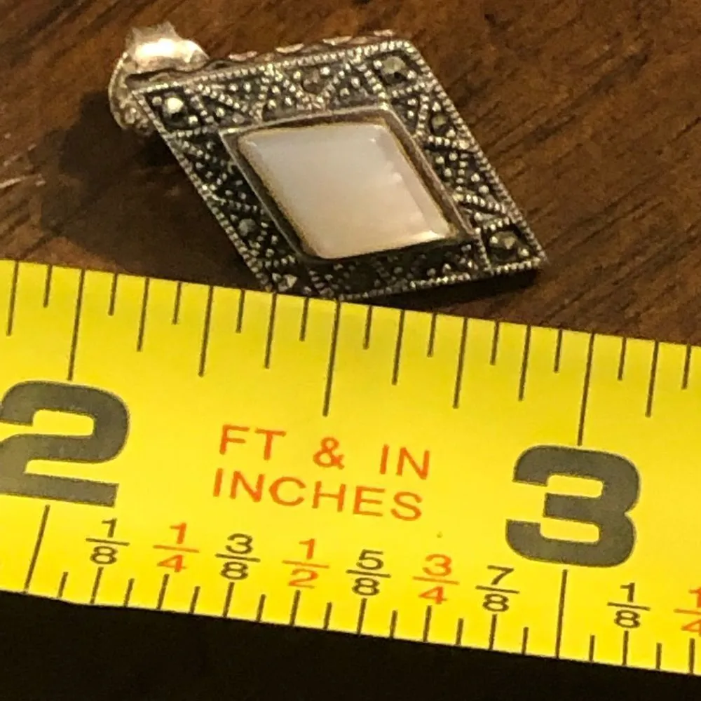 Diamond Shaped Mother of Pearl Marcasite Accented Sterling Silver Earrings - Image 5