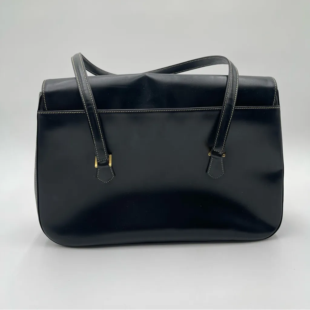 Vtg St. John Black Leather Shoulder Bag Purse Minimalist Gold Hardware Italy - Image 3