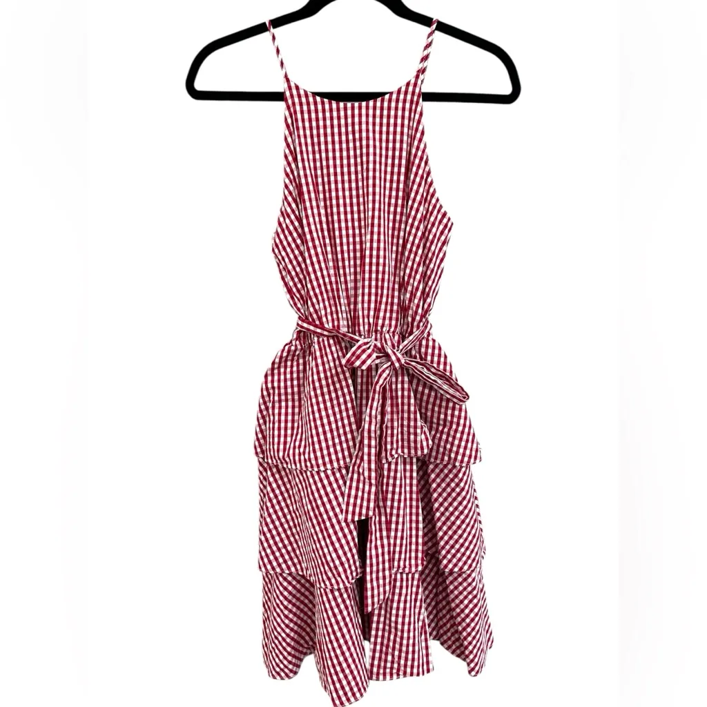 AQUA Women’s Tiered Gingham Plaid Mini Dress‎ Red & White Size Small - Image 2