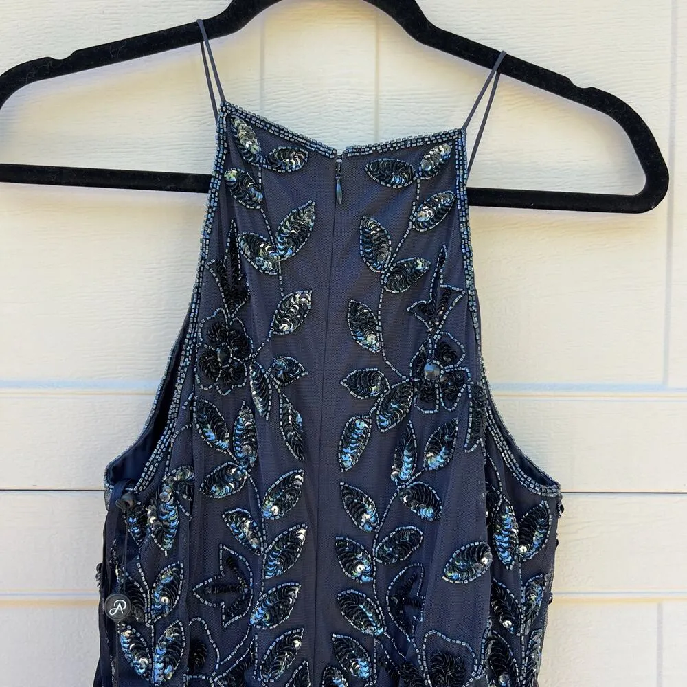 NWT Adrianna Papell Navy Twilight Floral Beaded Halter Floor Length Dress Sz 10 - Image 8