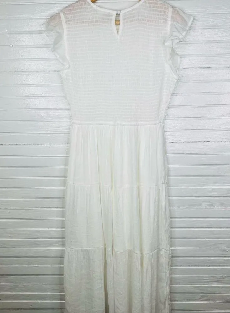 Blu Pepper Women's Smocked Ruffle Sleeve Tiered Midi Dress White Size M - Image 3