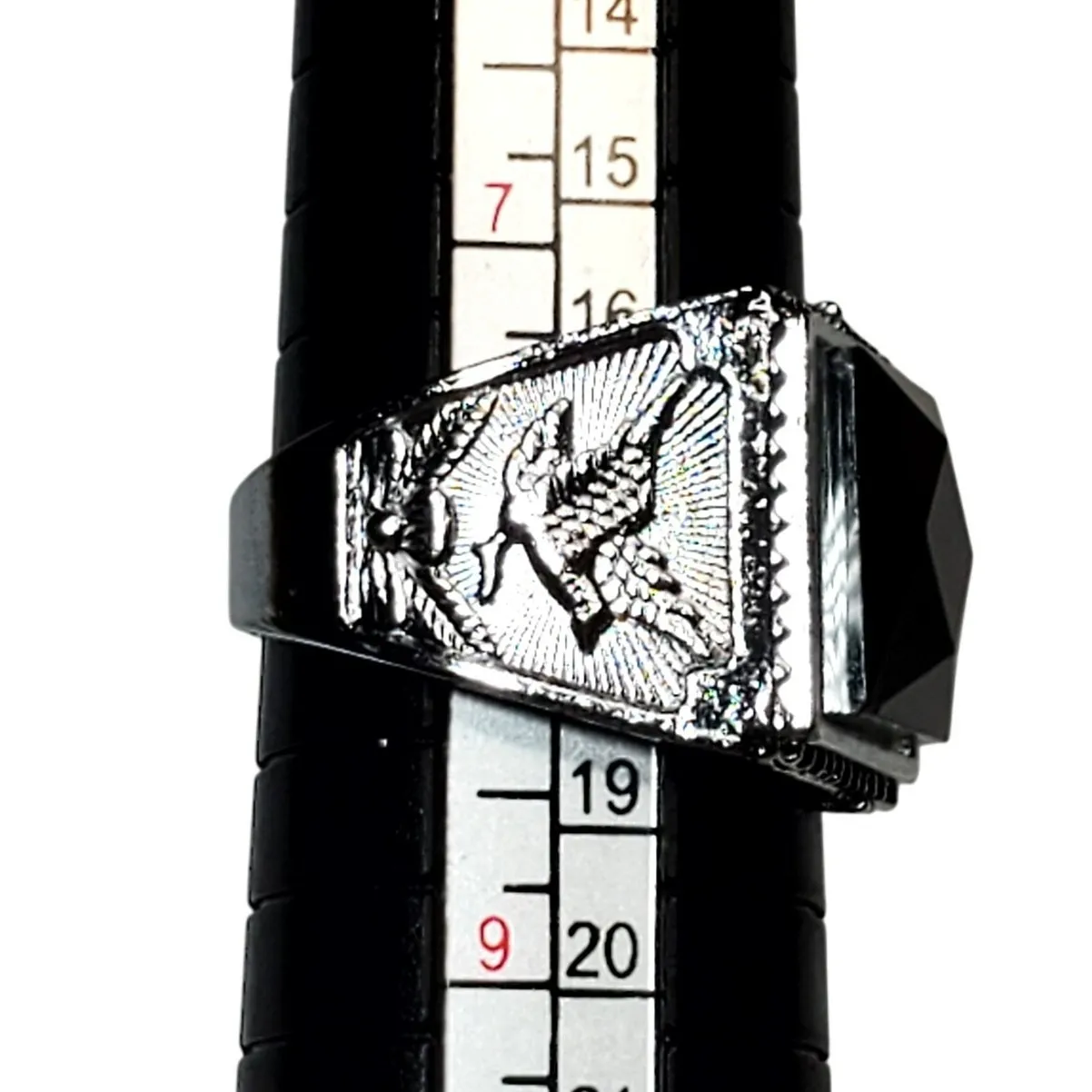 Silver Tone Ring Sz 8 Unsigned Black Square Cabochon Chunky Eagle - Image 5