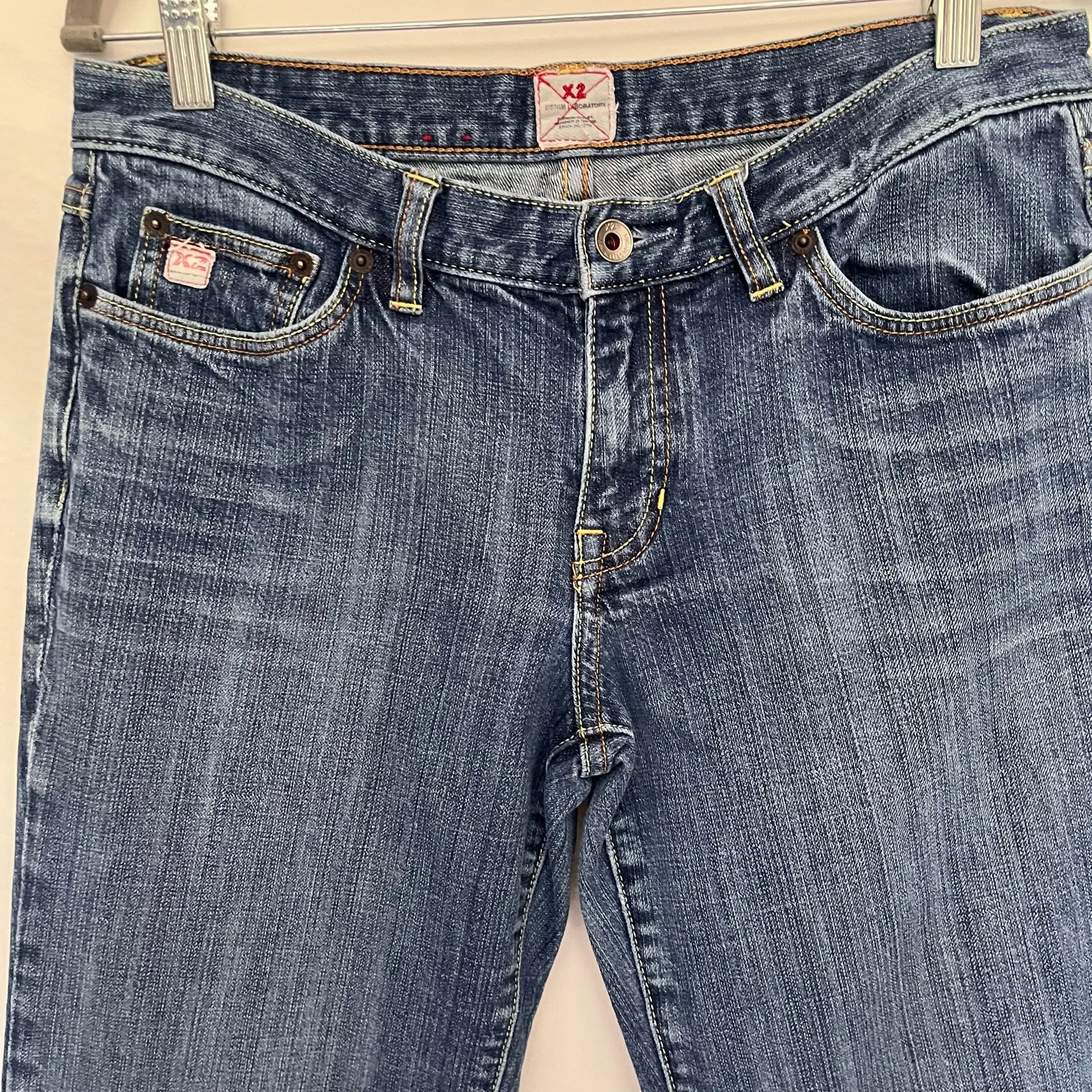 Y2K X2 Denim Laboratory Flare Womens Jeans Sz 8 Long Grunge Lowrise Retro Vtg Blue - Image 2