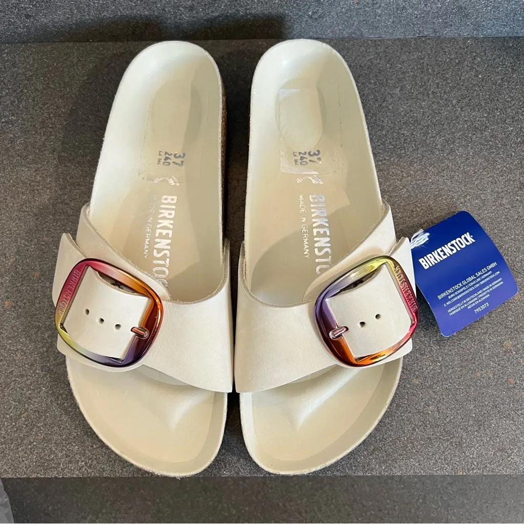 Birkenstock Madrid Iridescent Big
Buckle Nubuck Leather Slide Sandal, Ecru,37EU - Image 10