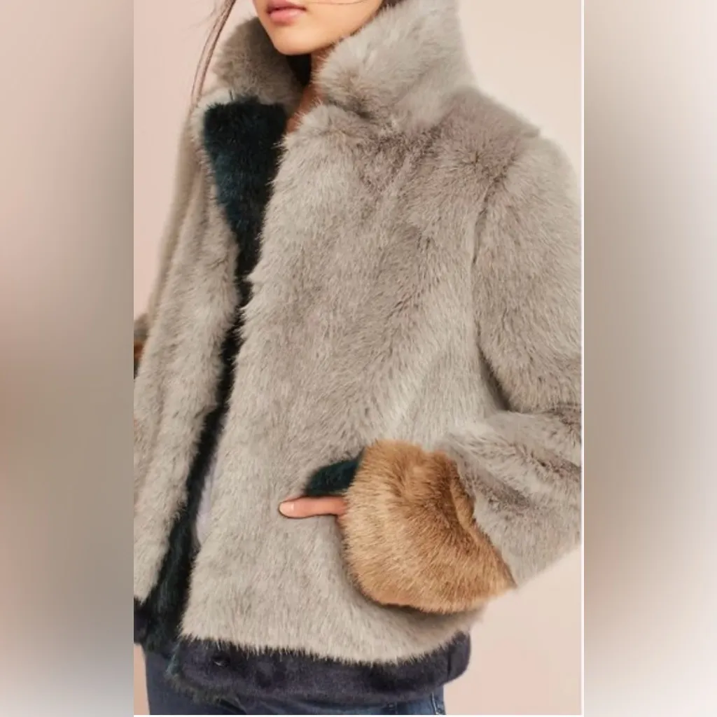 NWT, Anthropologie Molliolli Color Block Faux Fur Coat, Sz S - Image 3