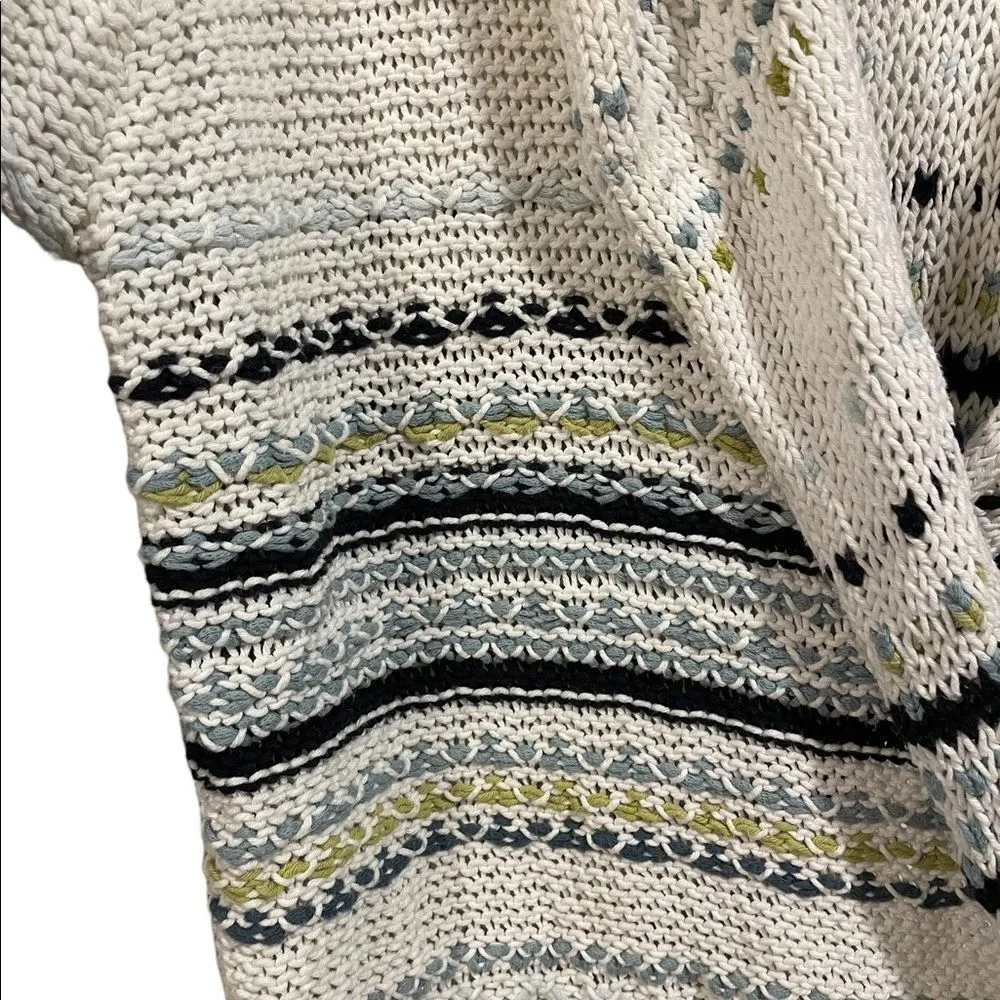 J. Jill White Blue Green Striped Long Sleeve Long Line Knit Crochet Cardigan Top - Image 2