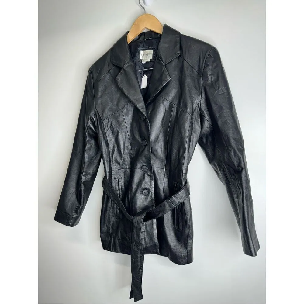 Comint‎ Leather Jacket Womens Size Small Black Tie Front Long Sleeve Black - Image 4