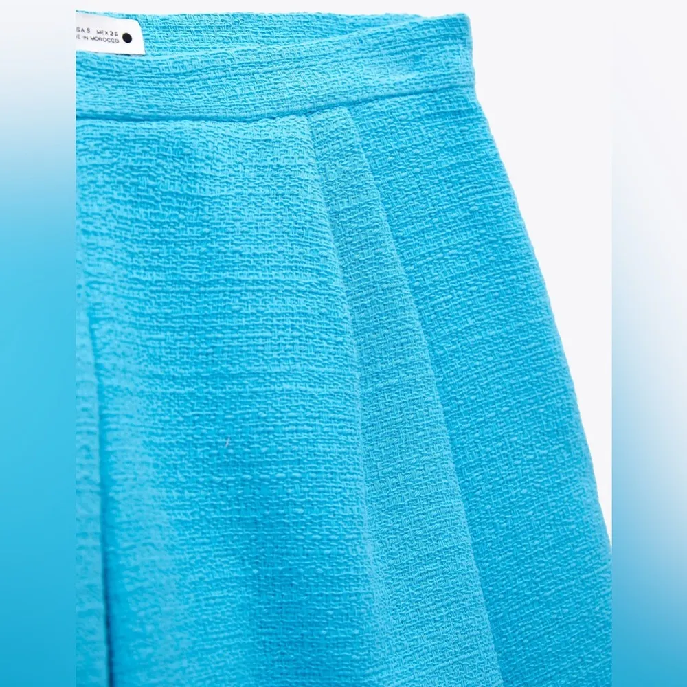 ZARA Pleated Tweed Weave Textured Mini Skirt Skort Shorts Blue S NEW - Image 16
