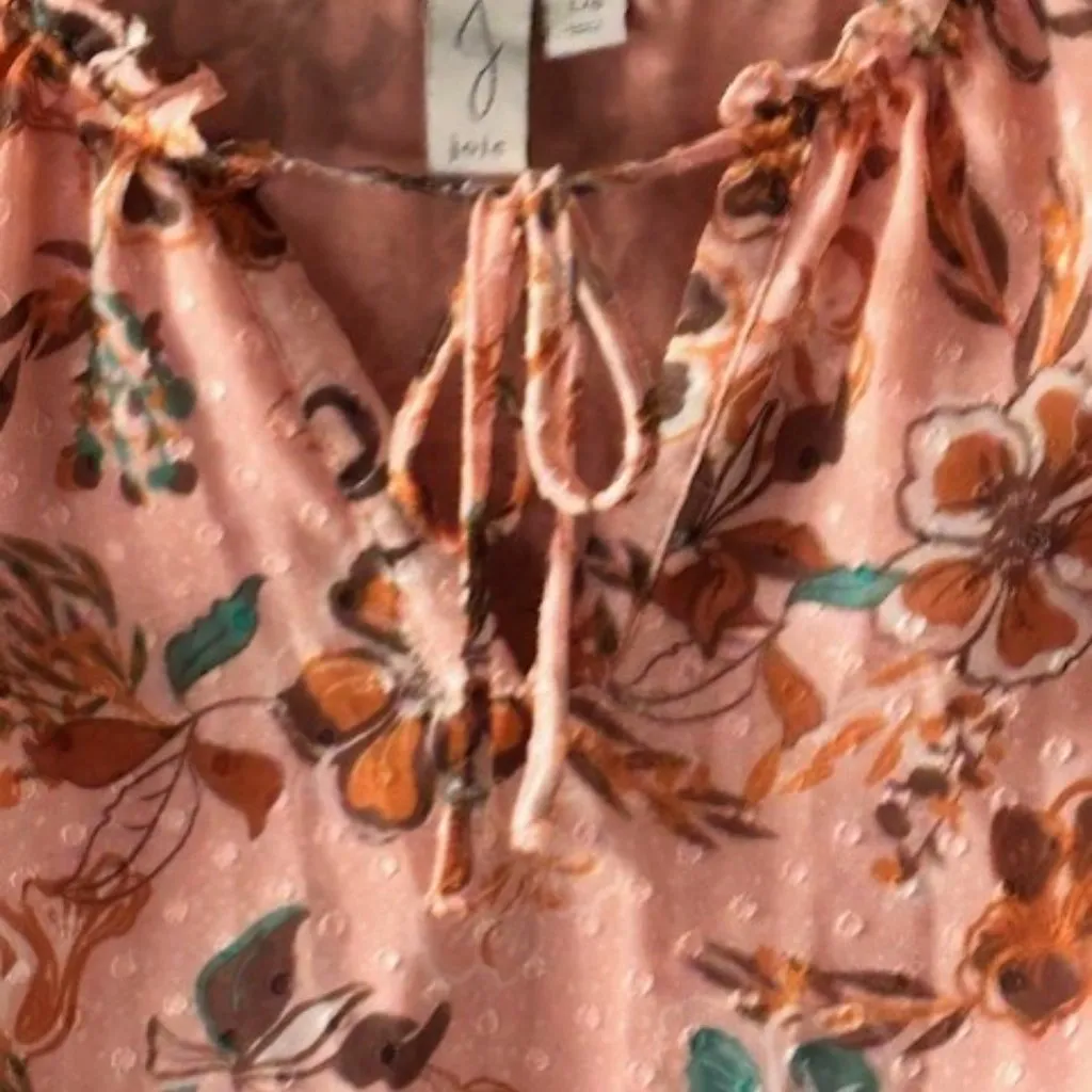 Joie Peach Brown Floral L Blouse V Neck Tie Boho Romantic Puff Swiss Dot Chic - Image 6