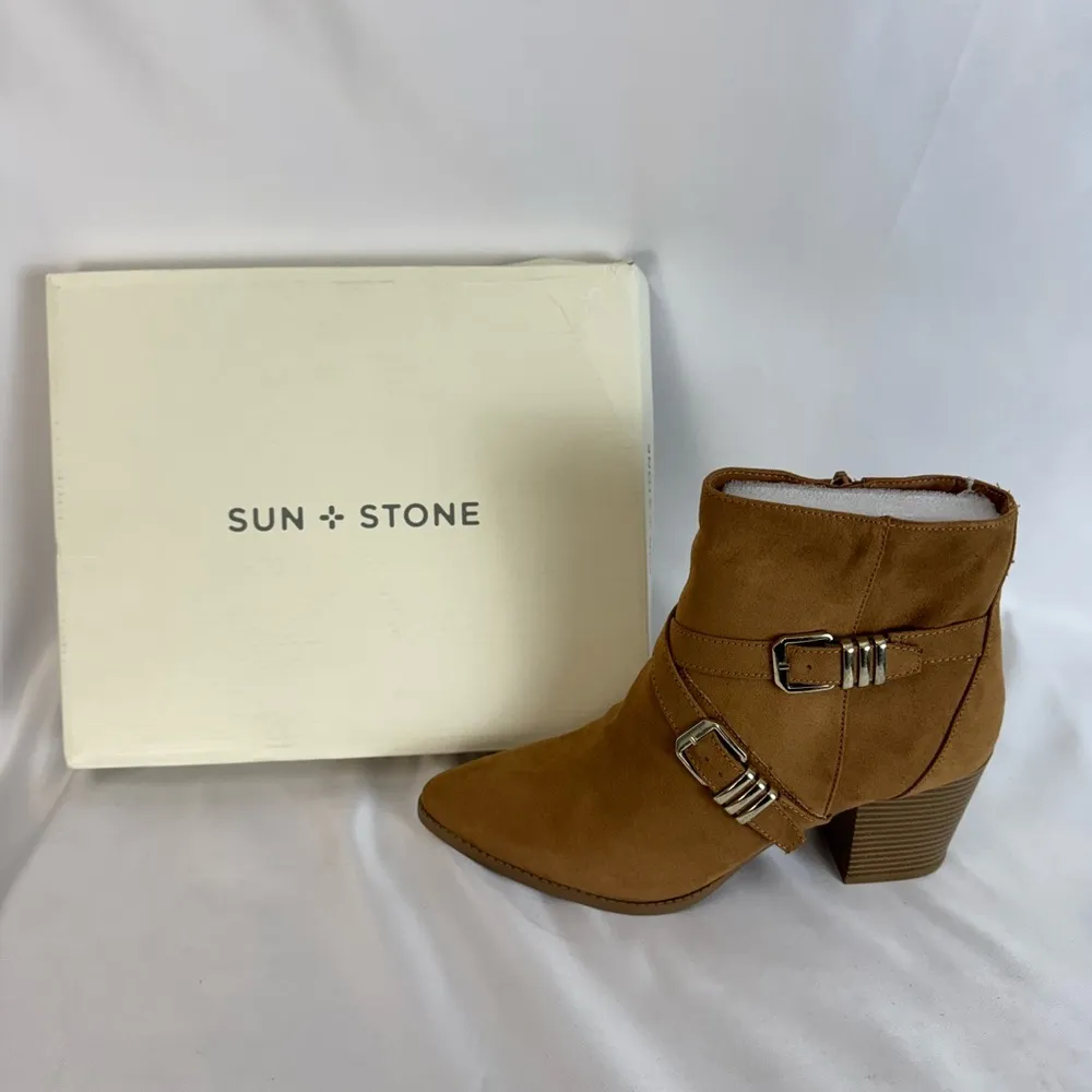 Sun + Stone Tan Ankle Boots with Western Design‎ and Decorative Straps​ Size 9 - Image 4