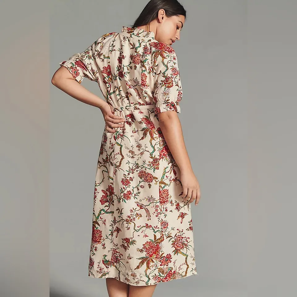 Anthropologie Pilcro Ruffle-Collar Buttondown Dress Cream Floral Boho Size 12 - Image 2