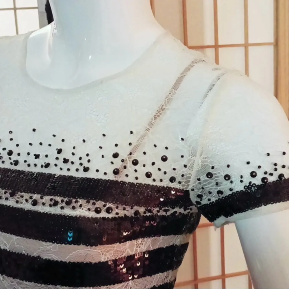 BCBG Tasi black and white striped sequin lace dress size 6 - Image 10
