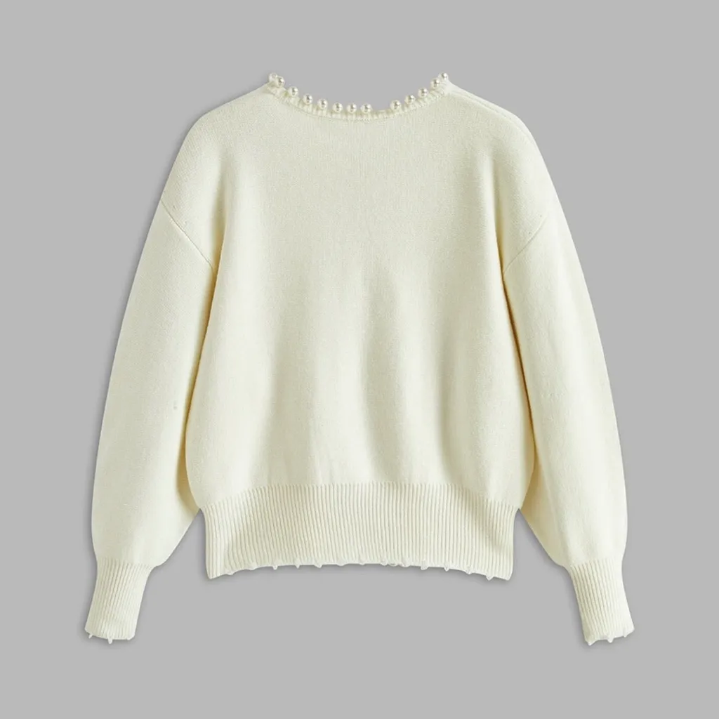 Commense Pearl Trim Ripped Hem Cardigan size large White - Image 2