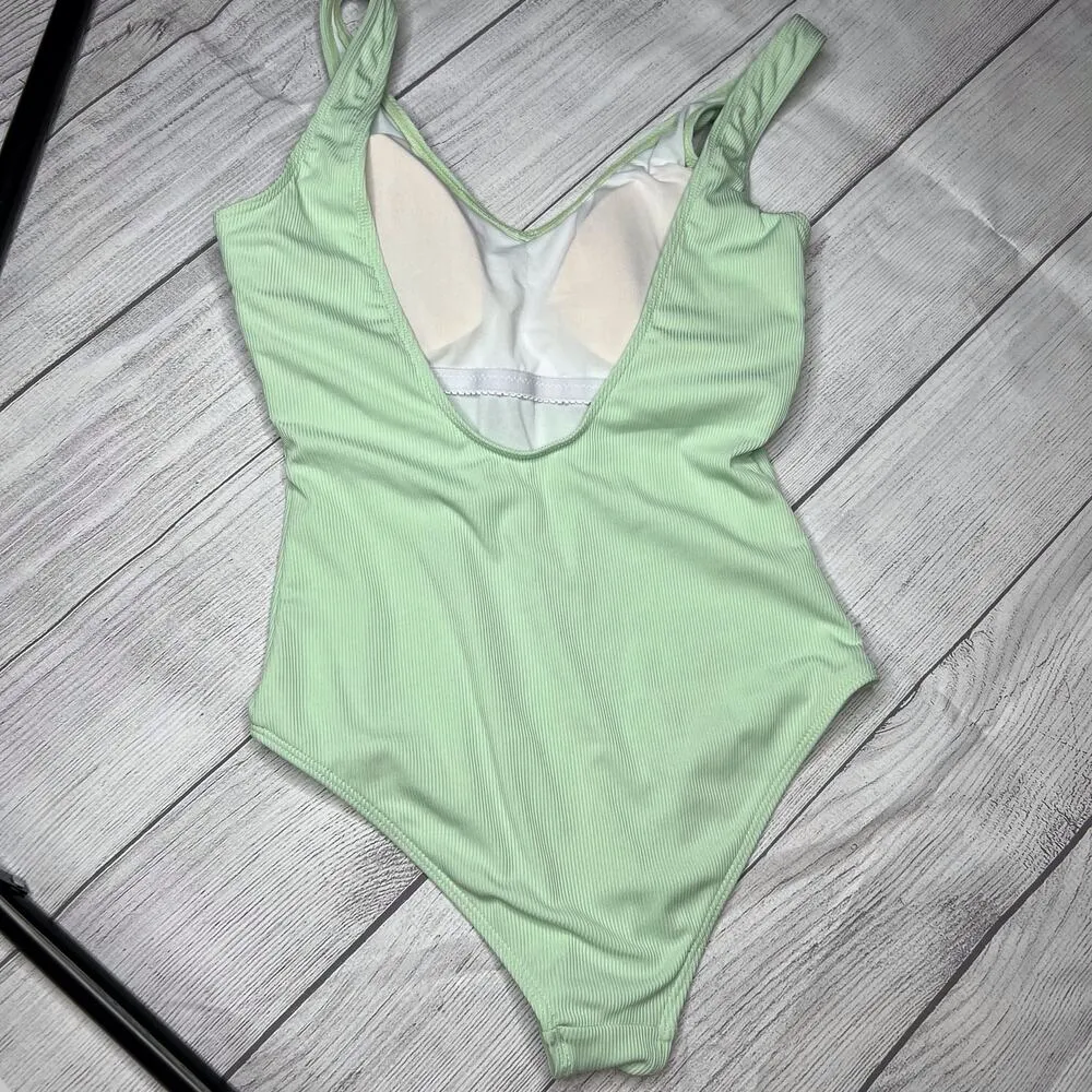 Zaful Sage Green Crinkle Ribbed One Piece Deep Scoop Neck One Piece Swimsuit S - Image 8
