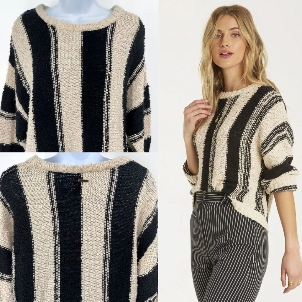 Billabong Easy Going Striped Sweater Oversized Slub Knit Top Cream Black Small - Image 6