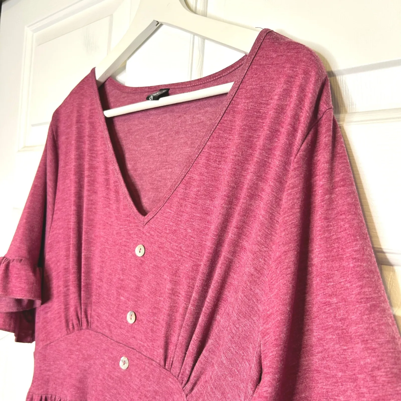 Allegra K V Neck Button Front Ruffle Sleeve Midi Dress Fuchsia XL Purple - Image 5