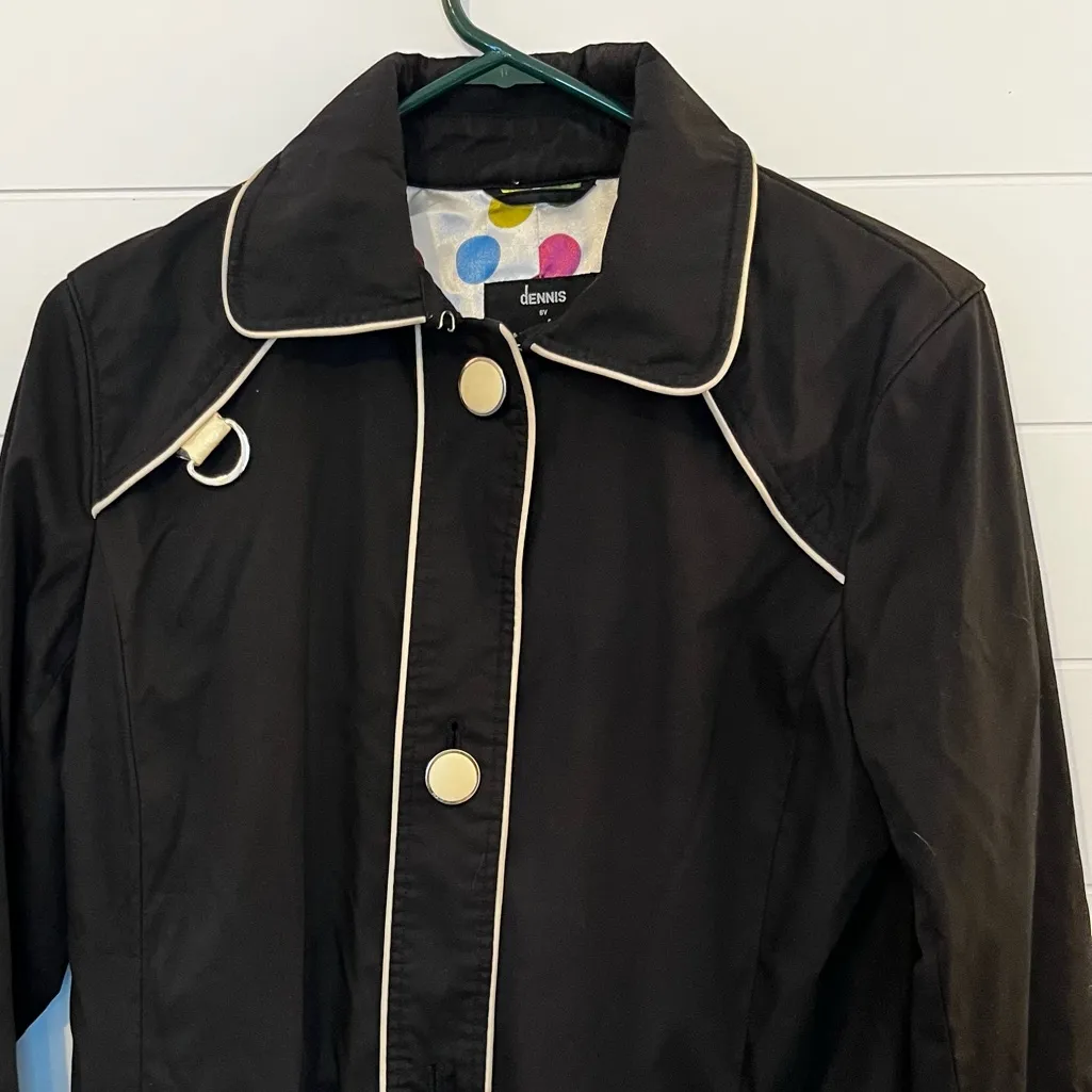 Dennis Basso Black Trench Coat with White Accents Polka Dot Liner Classic XS-S - Image 5