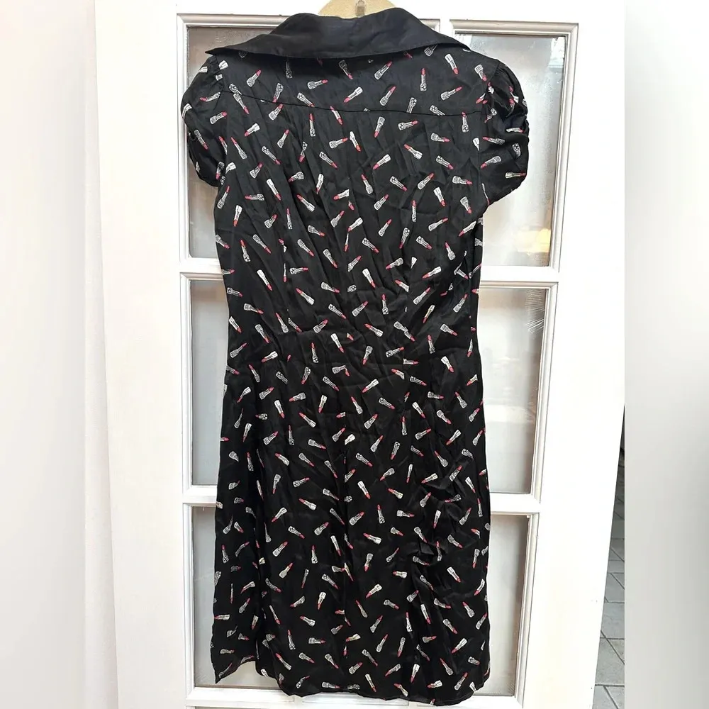 Vintage Bebe Y2K Black Silk Lipstick Printed Button Front Shirt Dress Size Small - Image 2