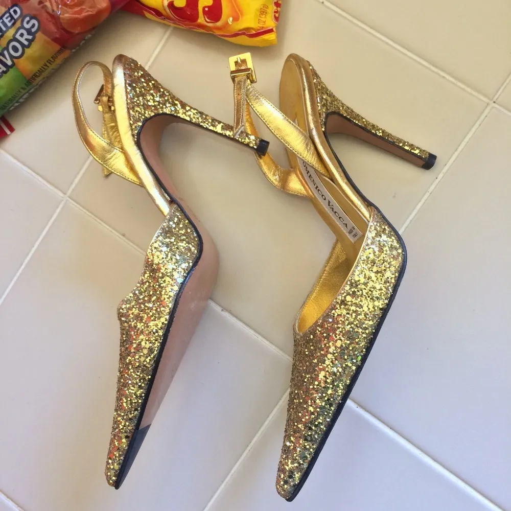 Domenico Vacca women's 35 IT pointed toe sling back shiny glitter pumps heels Gold Size undefined - Image 5