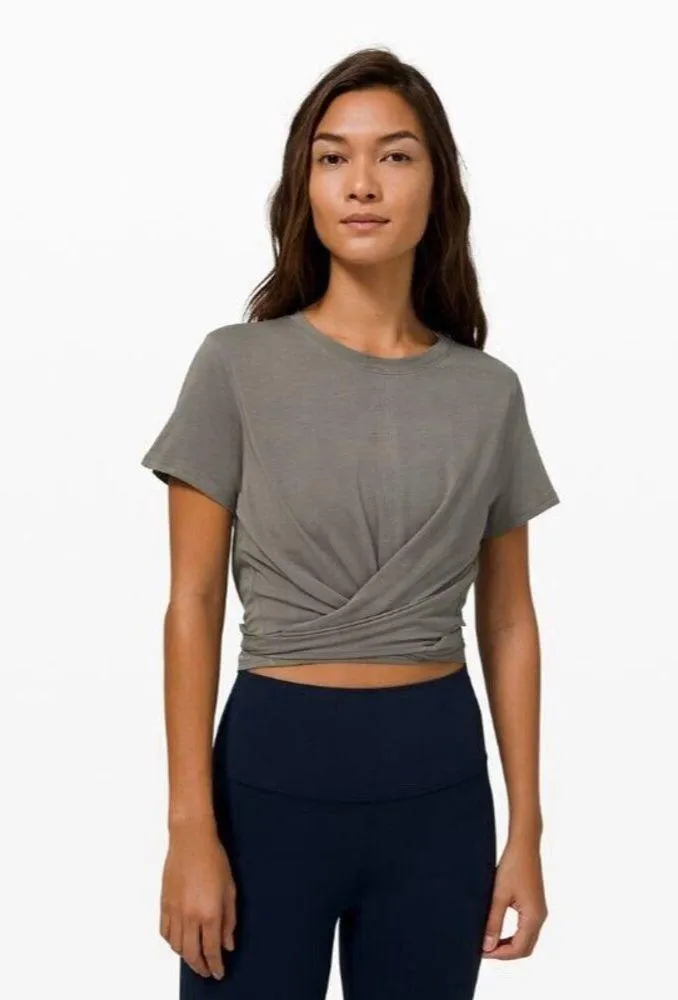Lululemon Time To Restore Sage Gray Short Sleeve Wrap Around T Shirt Womens Sz 4 - Image 3