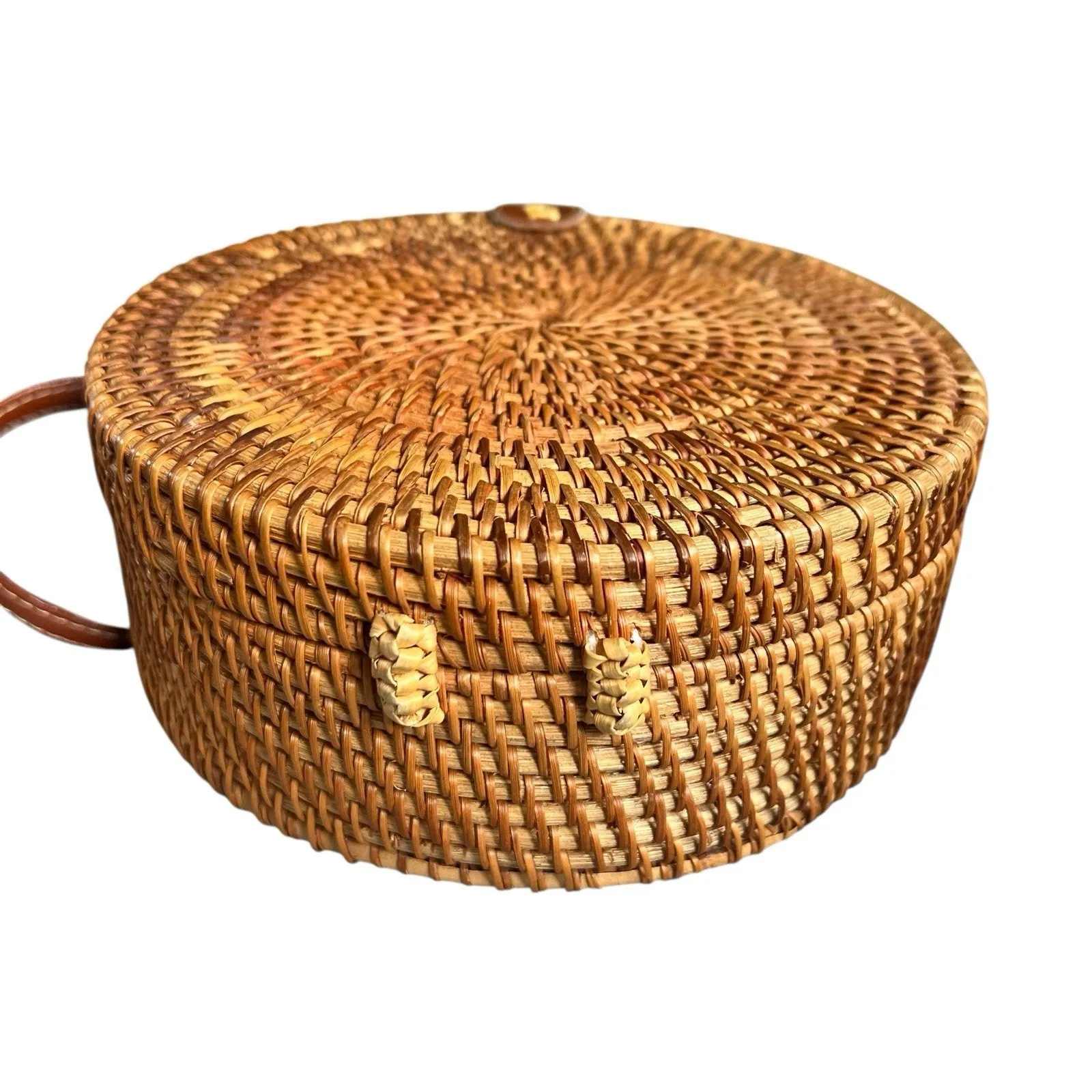 Round Rattan Straw Bag Wicker Purse Crossbody Faux Leather Strap Boho - Image 7