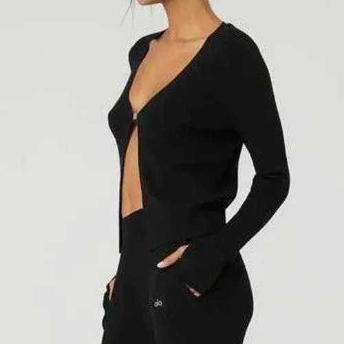 Alo Yoga Knit Salana Cardigan Silver Clasp Black Fine Ribbed Knit Large - Image 16