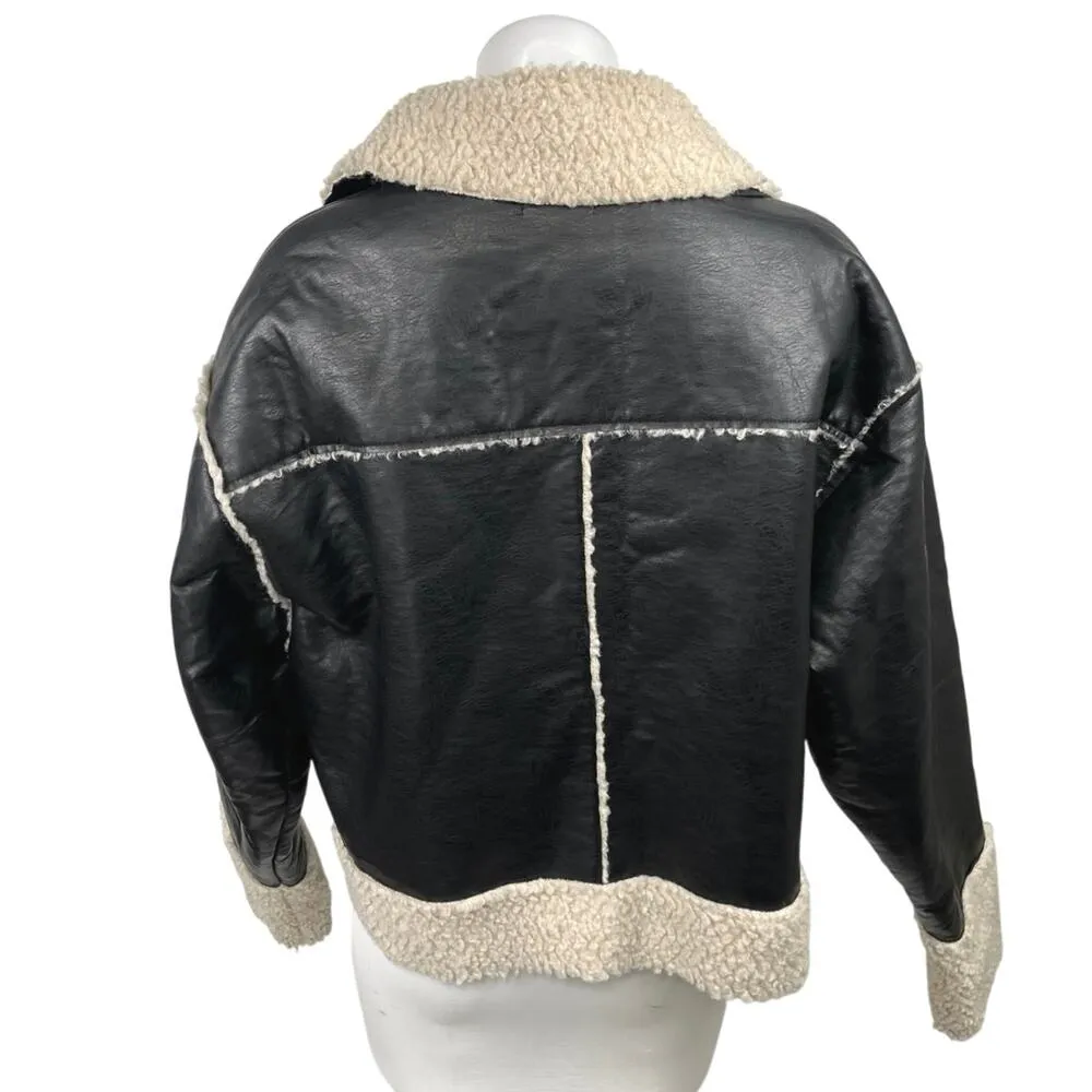 Nasty Gal Black Vegan Faux Leather Fleece Double Breasted Aviator Coat Jacket 4 - Image 2