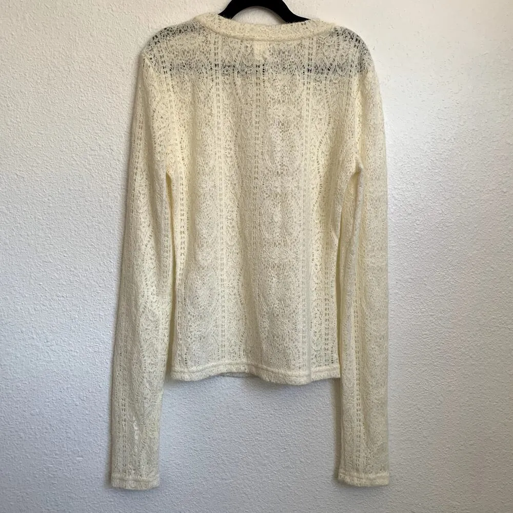 NWT Commense Floral Hollow Knit Crew Neck Long Sleeve Top in Cream White Size XS - Image 3