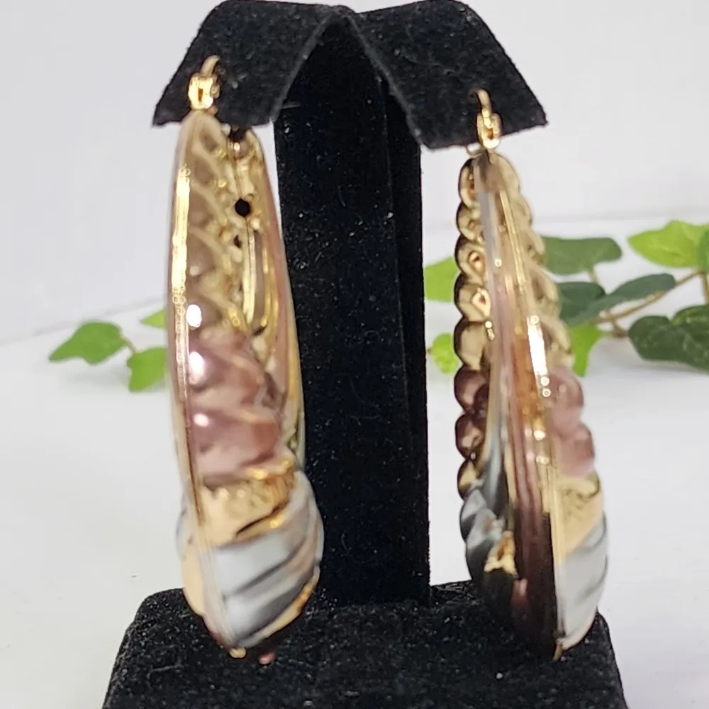 Tri Color Gold Wave Design Large Hoop Earrings New - Image 3