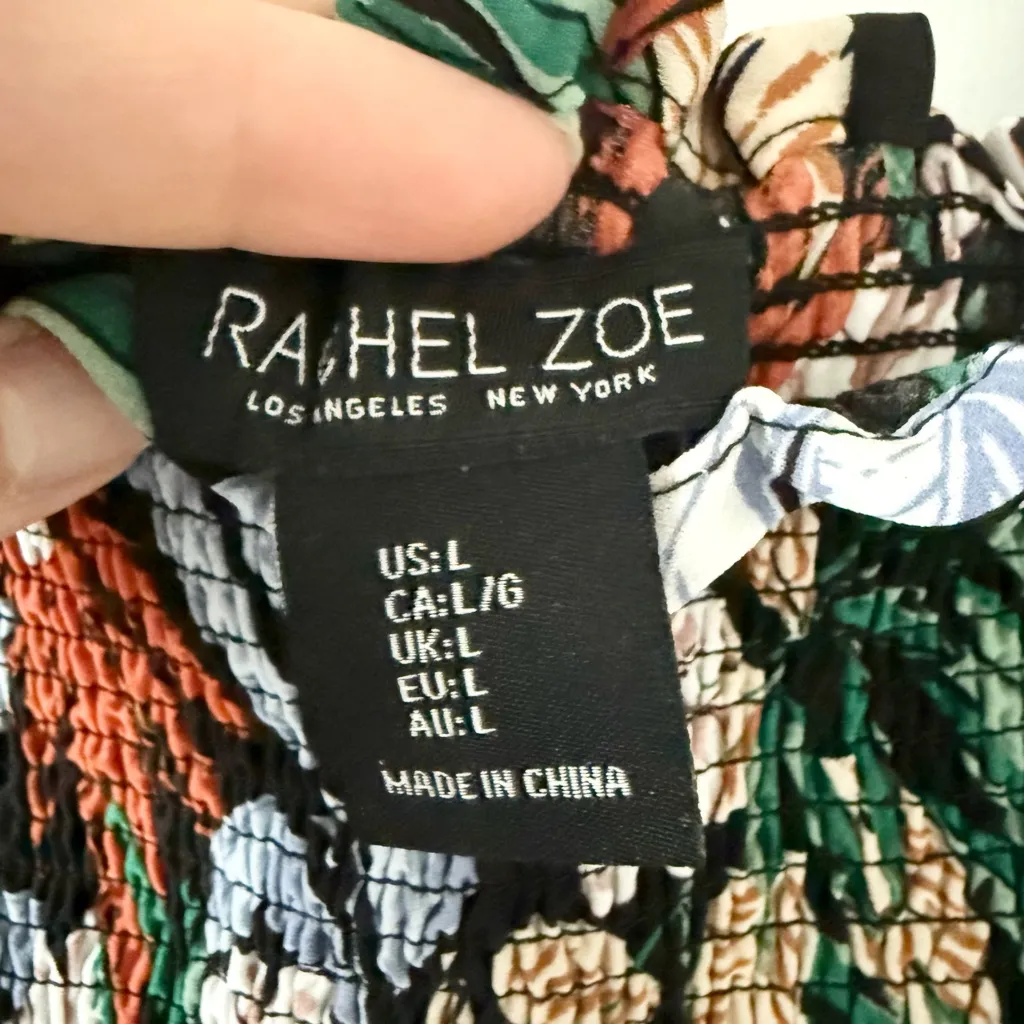 Rachel Zoe Smocked Faux Tie Strap Top in Black & Multi Floral Size L - Image 4