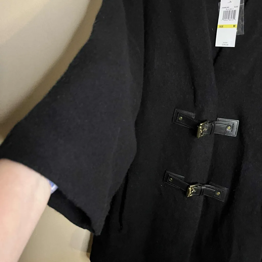 Micheal Micheal Kors 100% Wool Medium Buckle Front Poncho Coat Black - Image 5