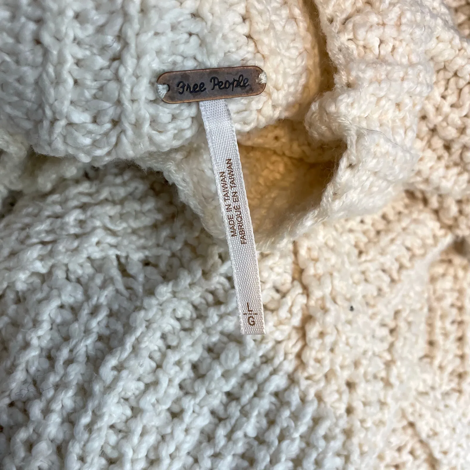 Free People Seasons Change Cotton Chunky Cable Knit Mock Neck Sweater Cream L - Image 8