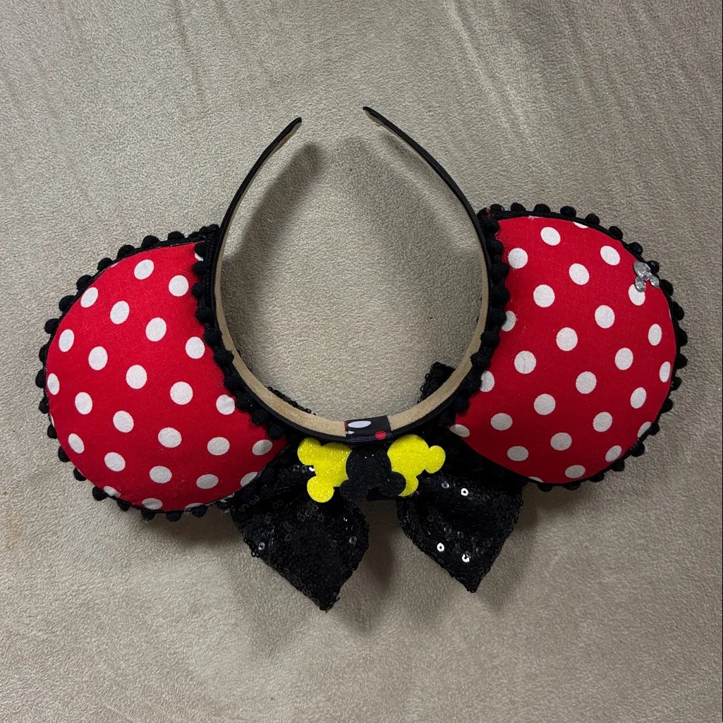 Disney's Polka Dot Minnie Mouse Ears Headband with Black Sequin Bow Red - Image 4