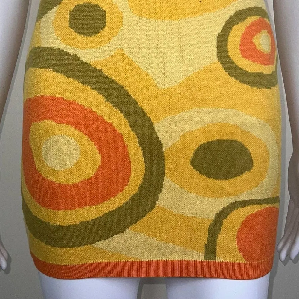 Cider Retro Patterned Collared‎ Knit Orange & Yellow Mini Festival Dress - Image 3