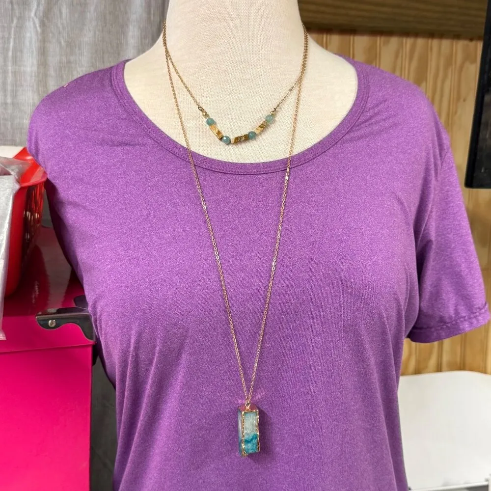 Layered Turquoise Brown Colors Stone Beaded Necklace Gold Tone Chain and Pendant - Image 3