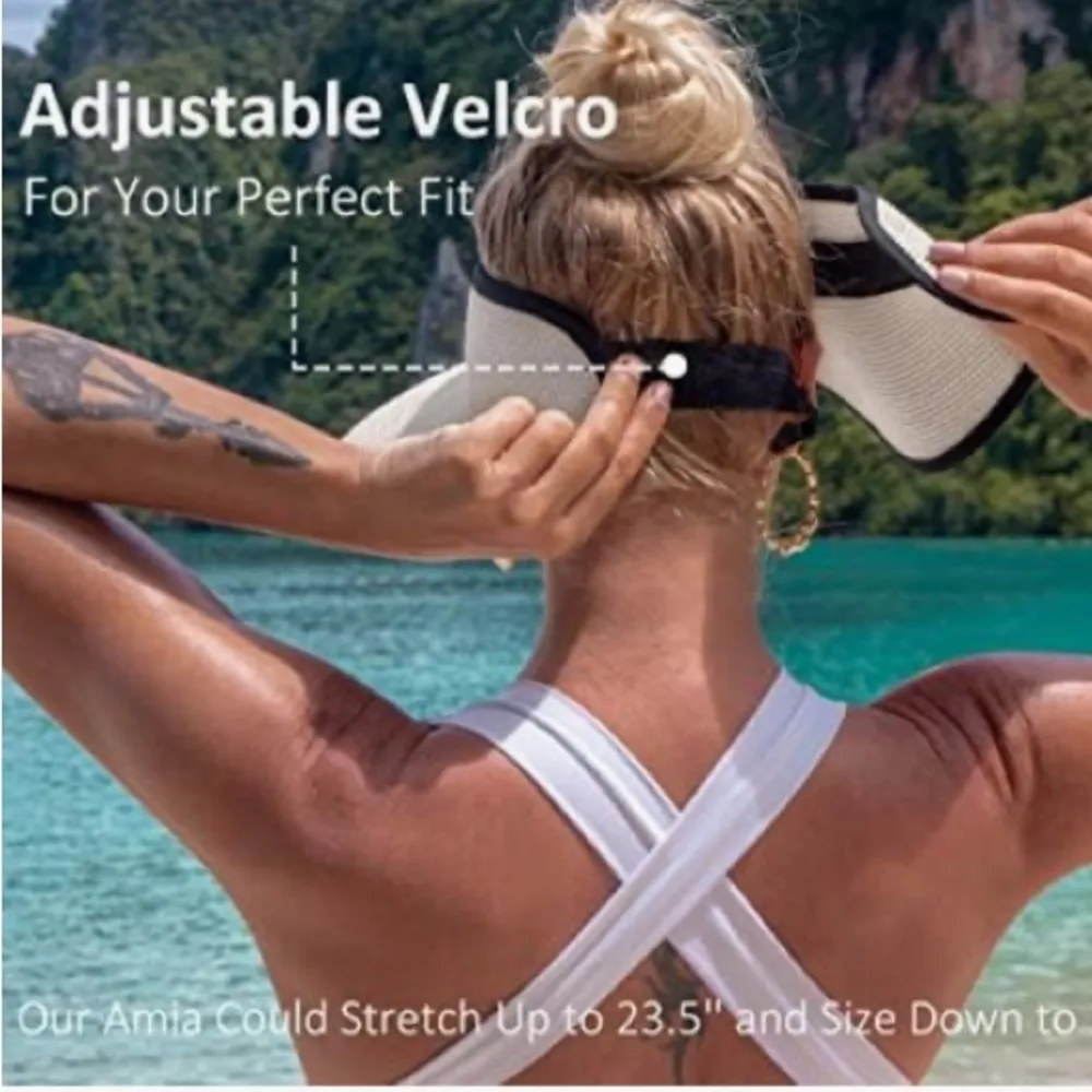 Brand Straw Adjustable Sun Visor in Black Trimmed Ivory - Image 3