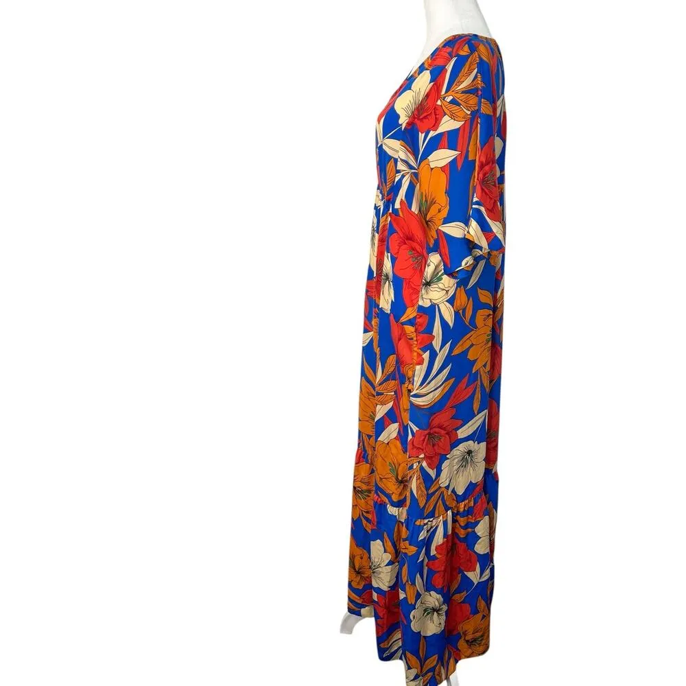 Easel Geometric Floral Maxi Dress Blue Tiered Pockets Small V Neck Boho NWT - Image 14