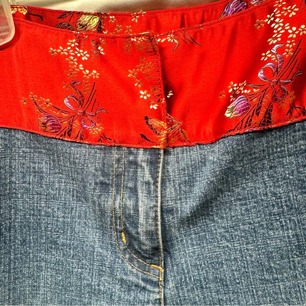 I.N.C Y2K Bootcut Jeans Red Satin Embroidered Oriental Waistband 8 No Stretch Blue - Image 13