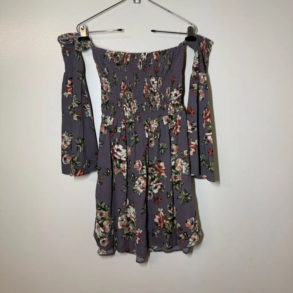 Peach Love California Gray Floral Bell Sleeve Off the Shoulder Dress - Image 2