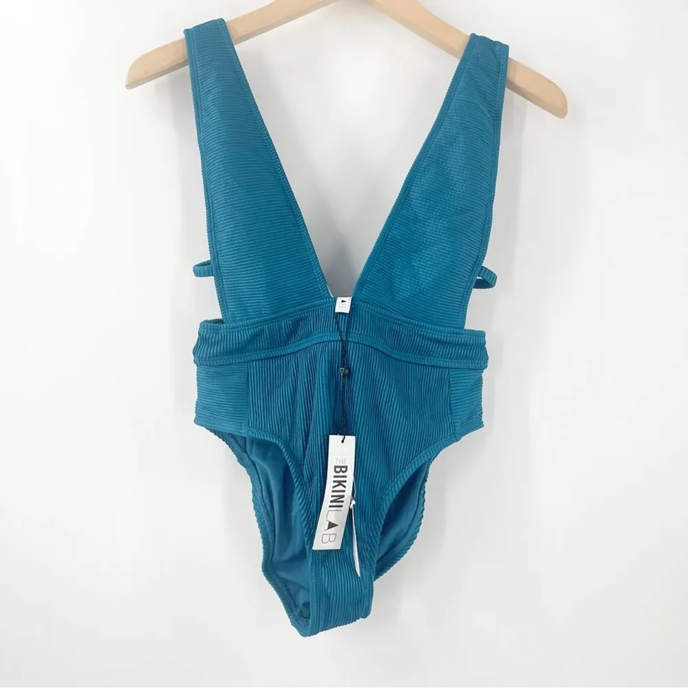 The Bikini Lab  Swimsuit Small One Piece Bandage Teal Ribbed Plunge Swim Suit NWT - Image 3