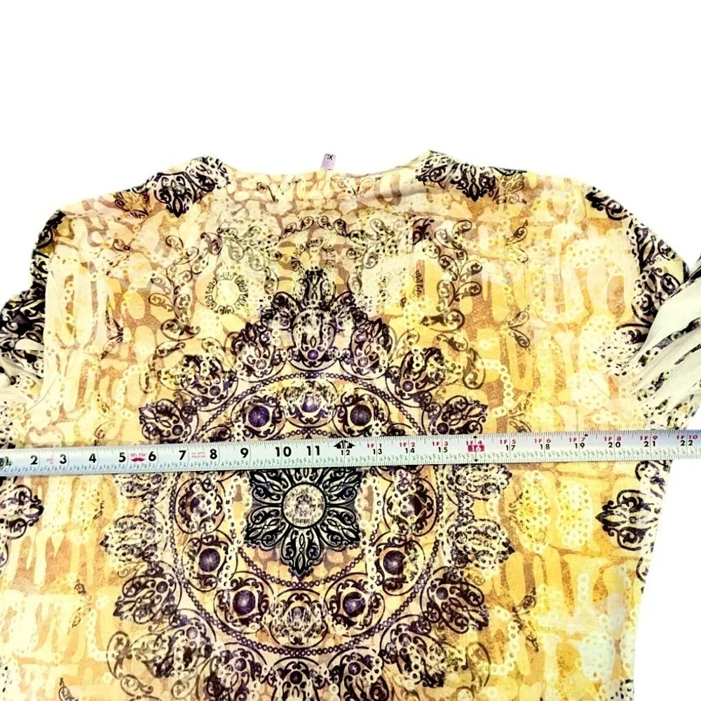 Vtg Y2K Kiara Rhinestones 3/4 Sleeve VNeck‎ Purple Gold Shirt XL Boho Hippie - Image 8