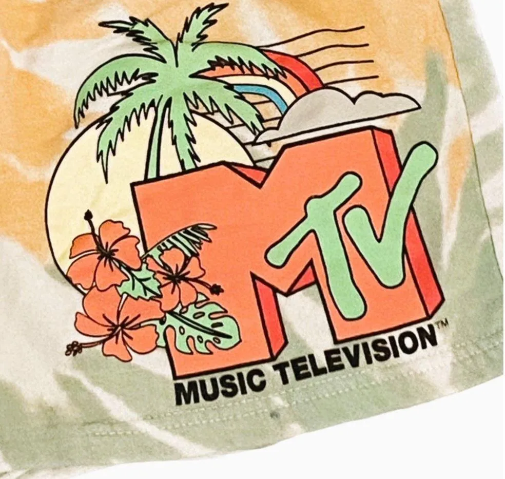 MTV Orange Tie Dye Tropical Print Graphic Fleece Shorts ~ Women's Size LARGE - Image 4