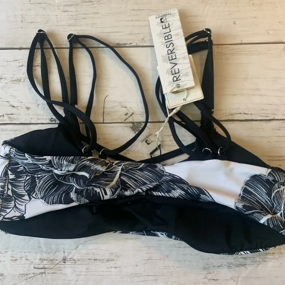 TiniBikini Black White Floral Reversible Bikini Top Bra Strappy Hawaiian Flower - Image 3
