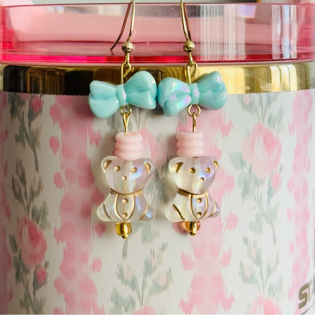 Cute Bear and Bow Earrings Blue - Image 2