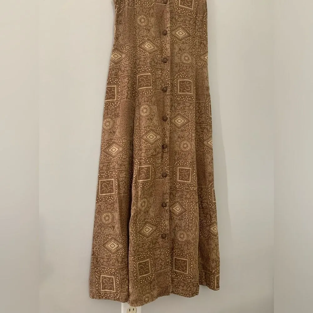 VTG Northern Isles Portraits Pattern Hippie Boho Maxi Button Down Linen Dress M Brown Size 6 - Image 3